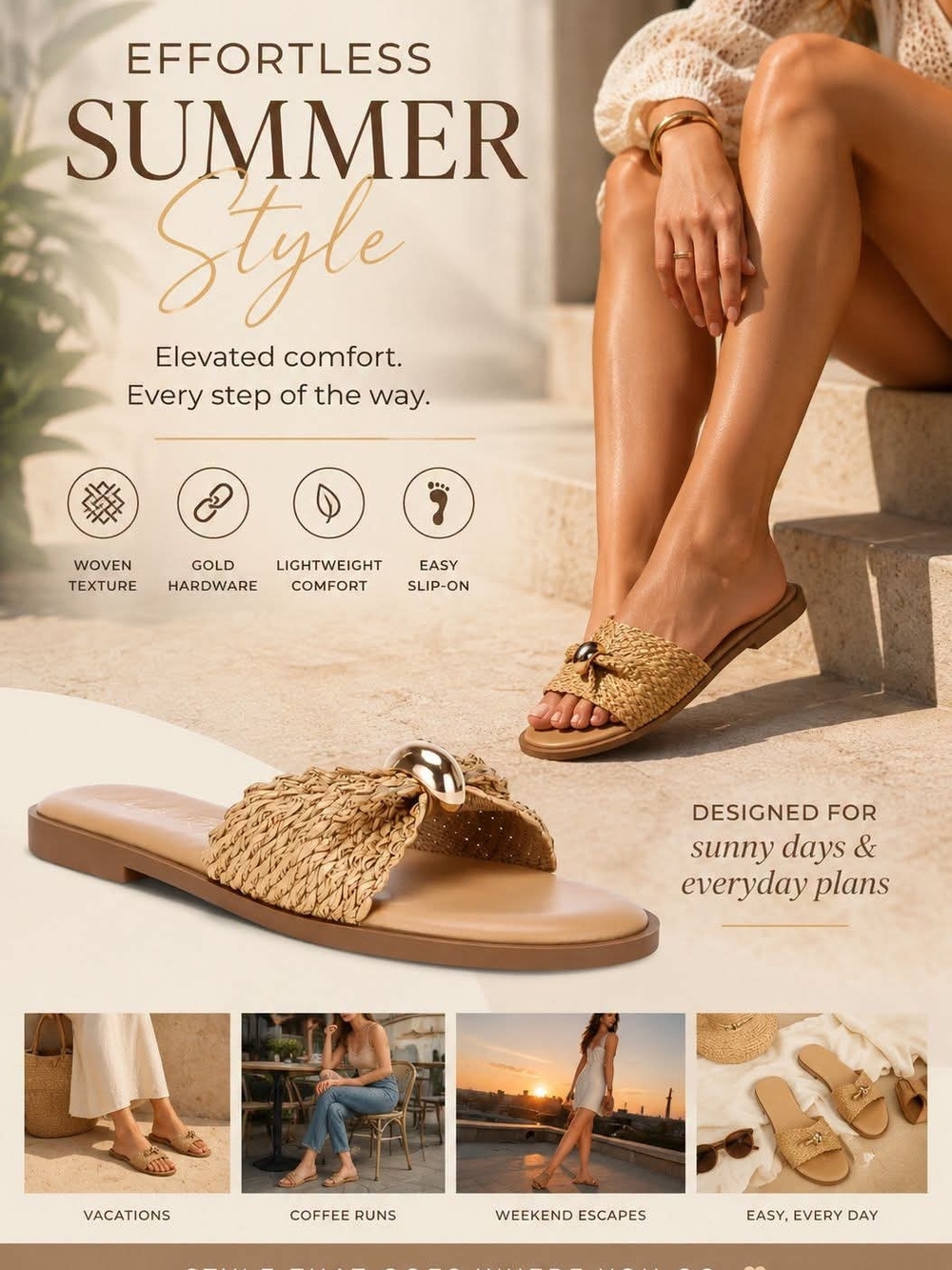 Woven Slide Sandals with Gold Accent - Tan